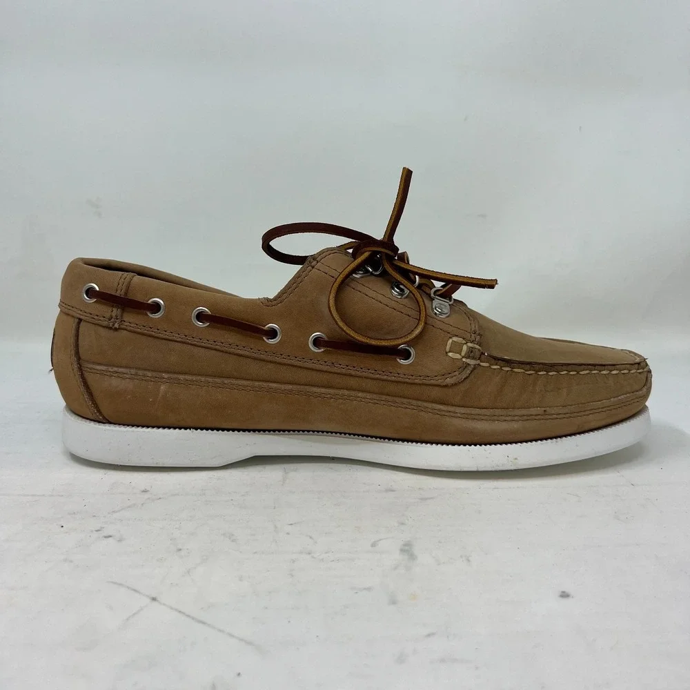 Polo Sport‎ Ralph Lauren Boat Shoes Tan Leather Moc Toe Beige Men's 10D VTG NEW